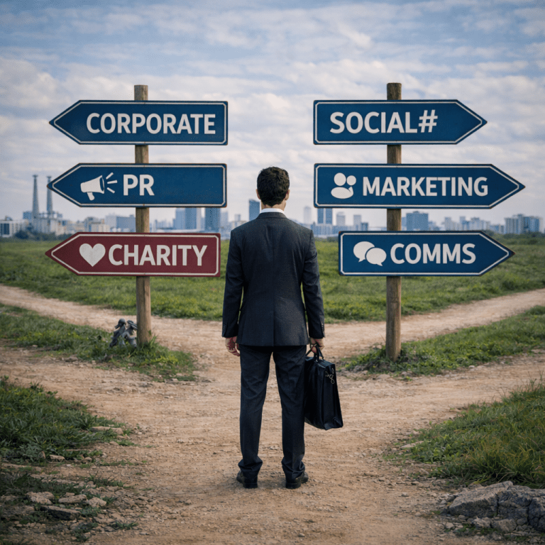 Man standing at crossroads with signs pointing to different career fields